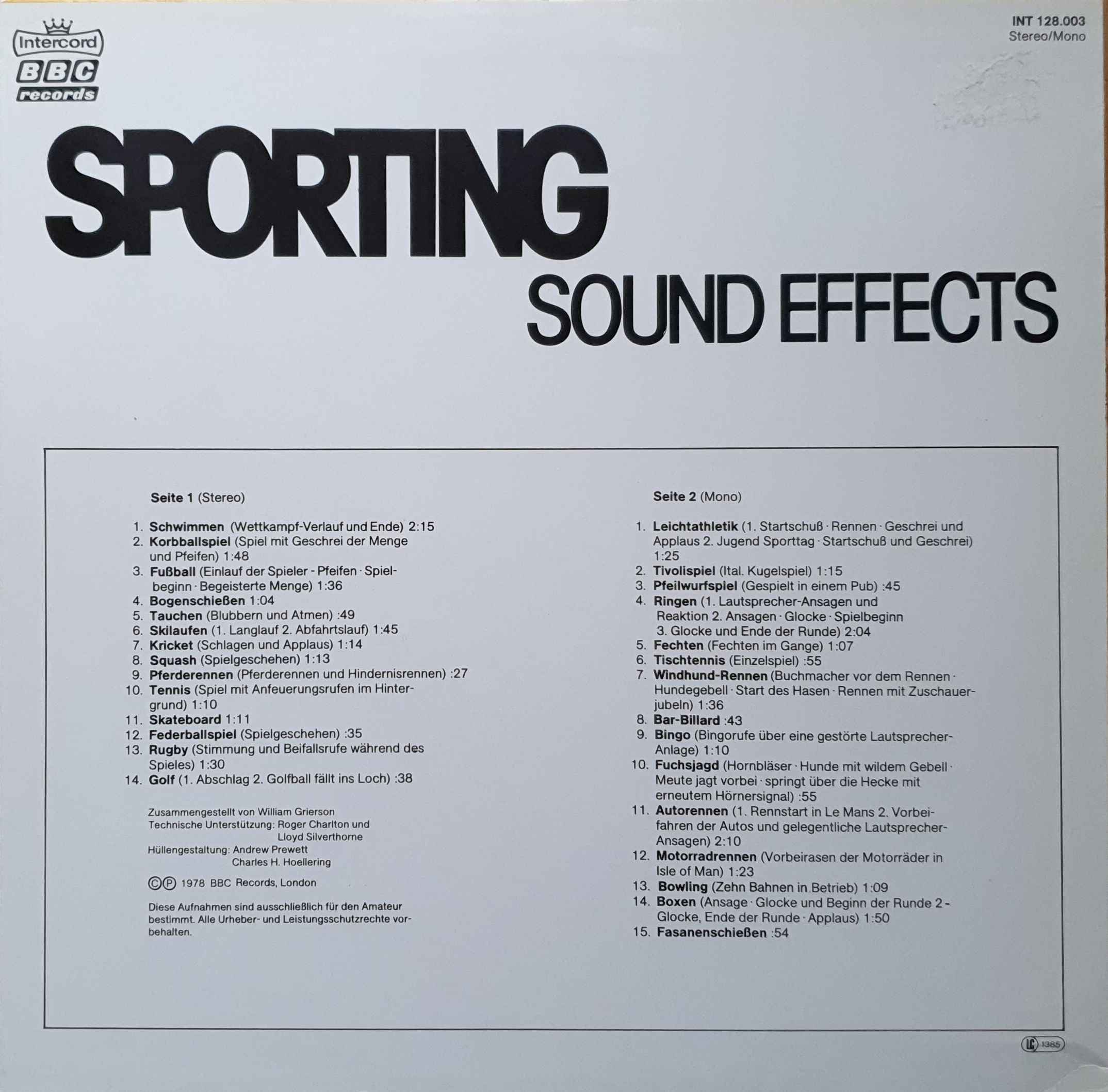 Picture of INT 128.003 Sporting Sound Effects by artist Various from the BBC records and Tapes library